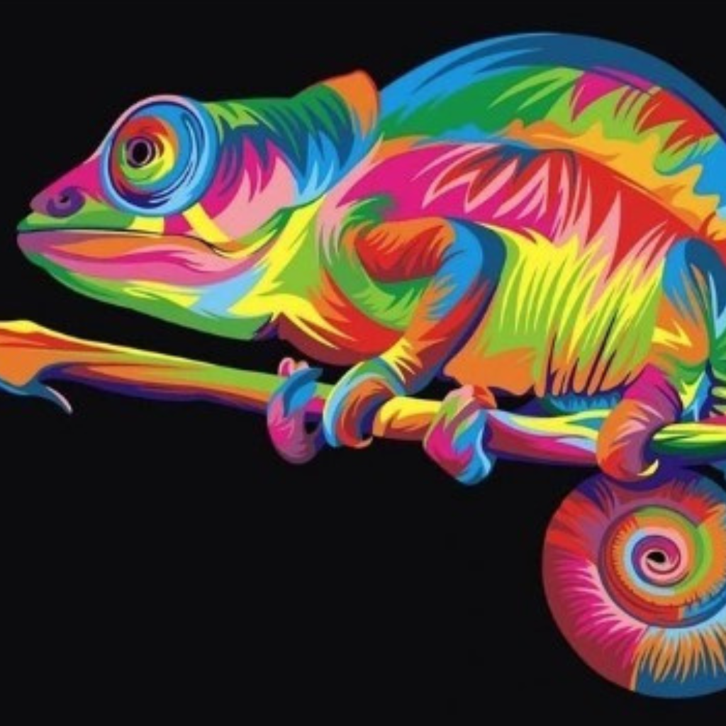 Neon Bright Colors Chameleon on Black Background Paint by Numbers Close Up