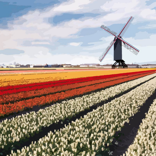 Netherlands Tulips and Windmill Paint by Numbers Close Up