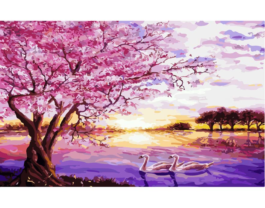 Pink Purple Sunset Swans Paint by Number Kit