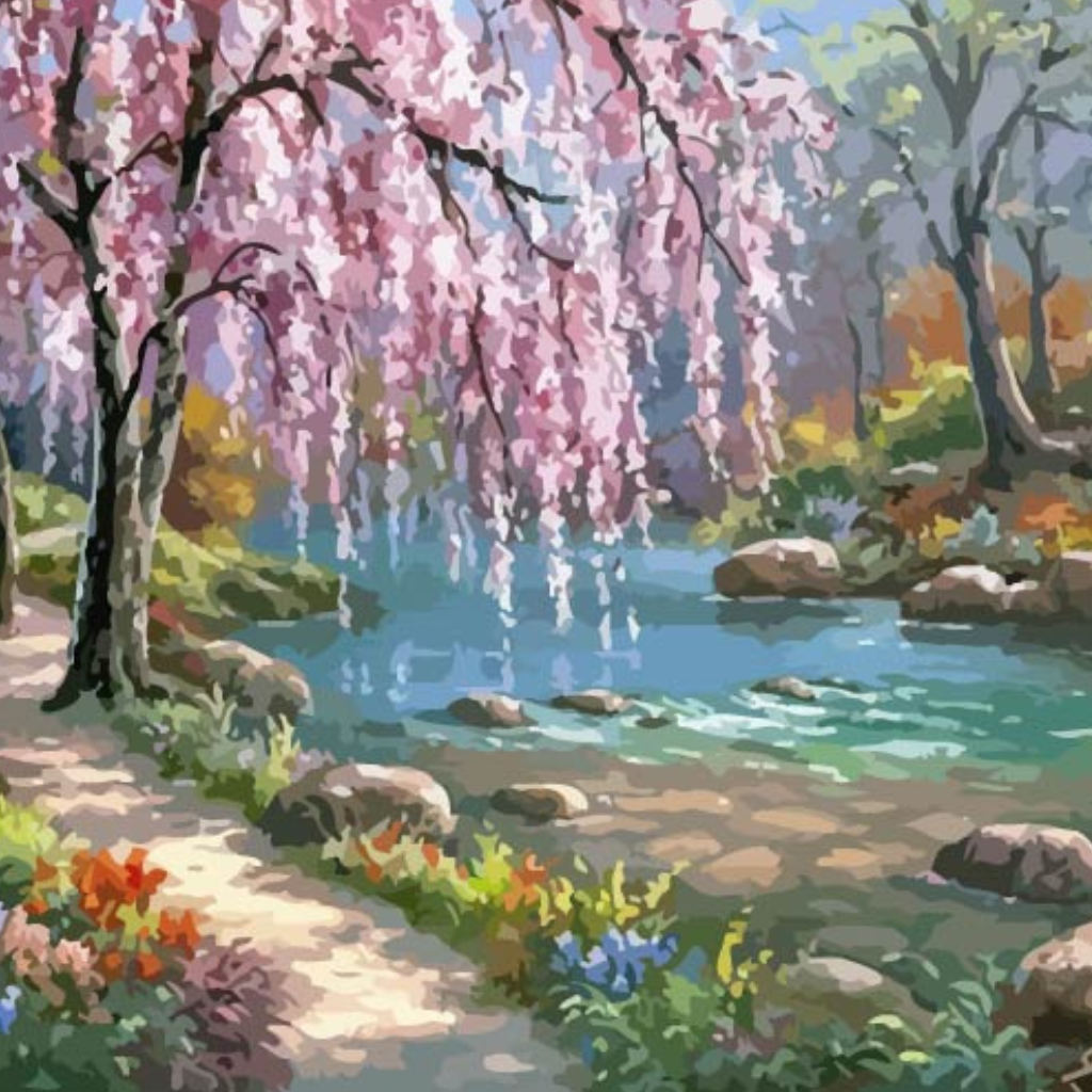 Peaceful Pink Willow by a Stream Paint by Numbers Kit