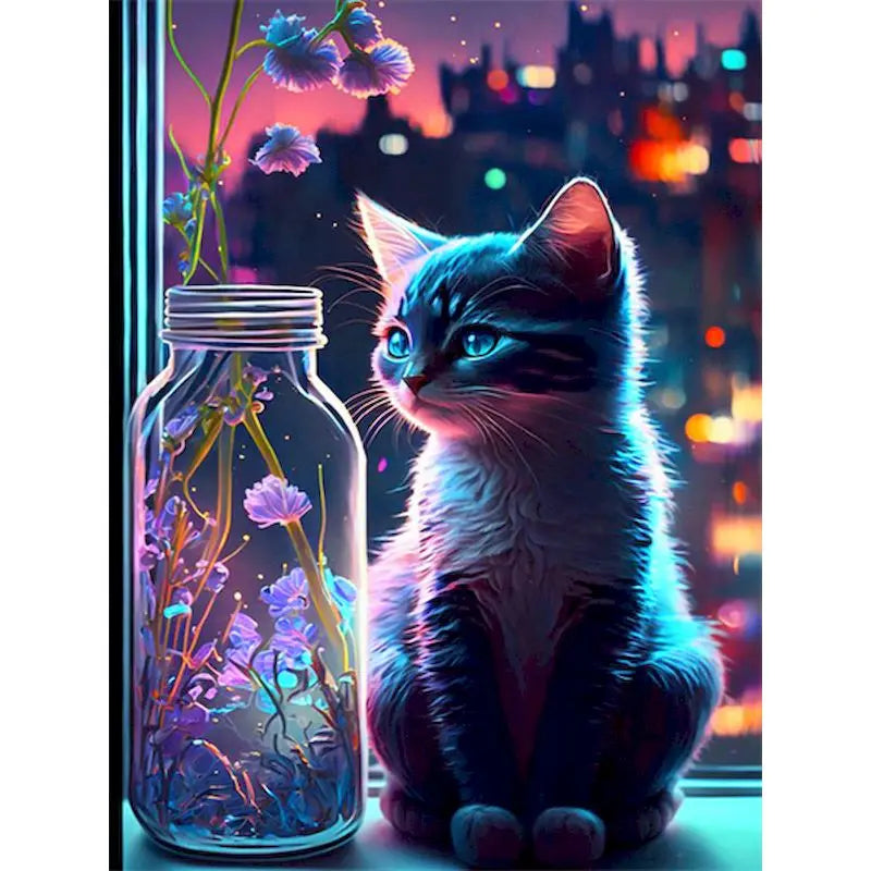 Gray Tabby Kitten with Glowing Flowers Paint by Numbers Kit