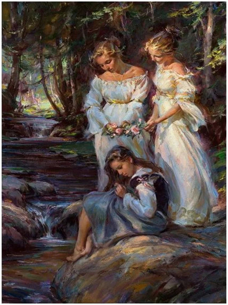 Old World Girls by a Stream Paint by Numbers Kit