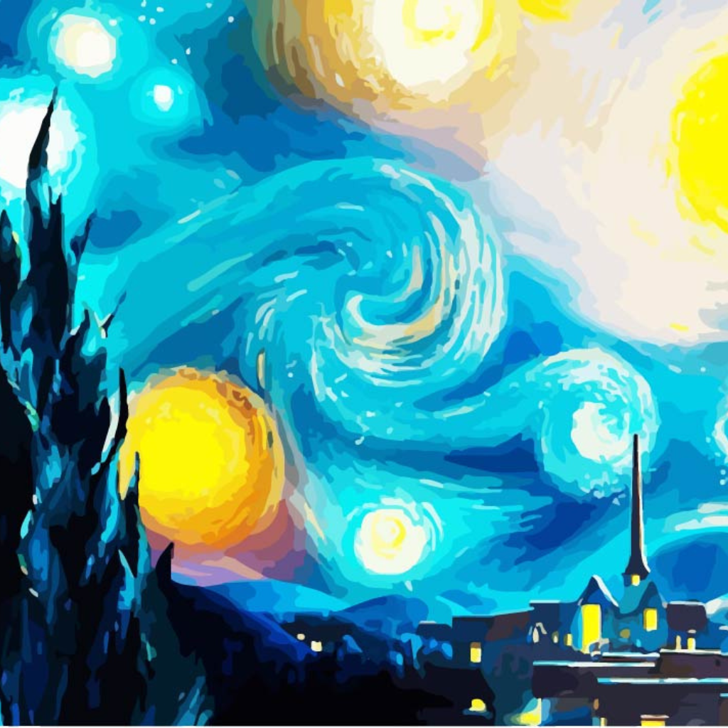 Starry Night Inspired Landscape Paint by Numbers Close Up