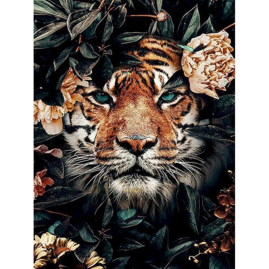 Blue-Eyed Tiger Adorned with Flowers Paint by Numbers Kit