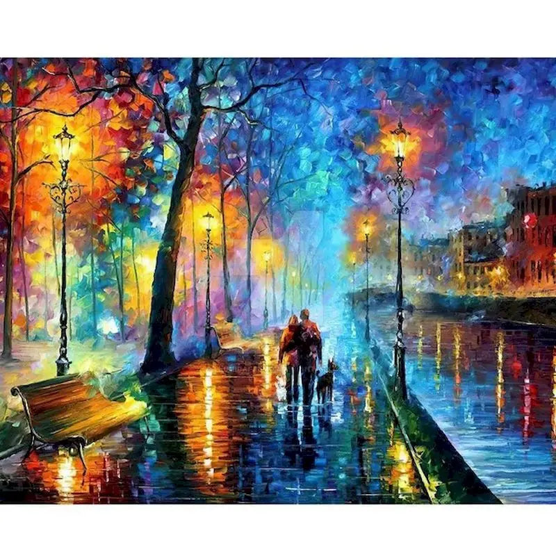Couple in Park Walking Dog at Night Paint by Numbers Kit