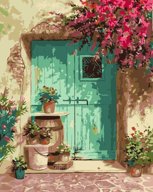 Old European Green Door with Pink Flowers Paint by Numbers Kit