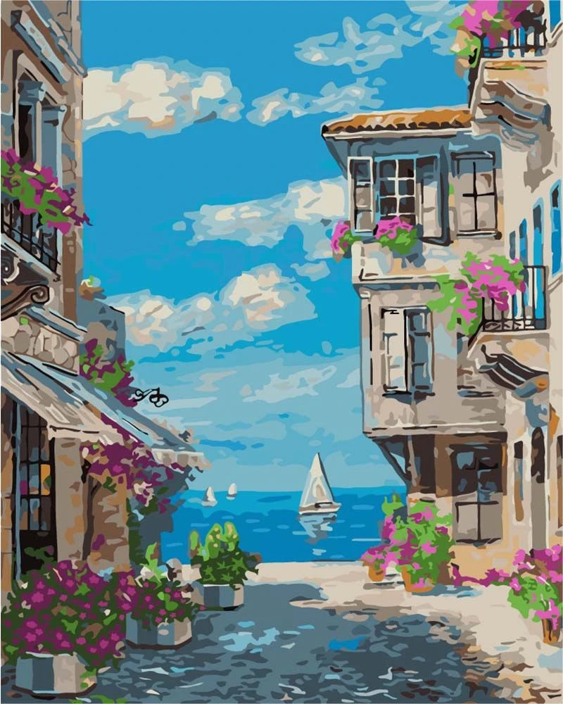 Seaside Serenity in a Small European Town Paint by Numbers Kit