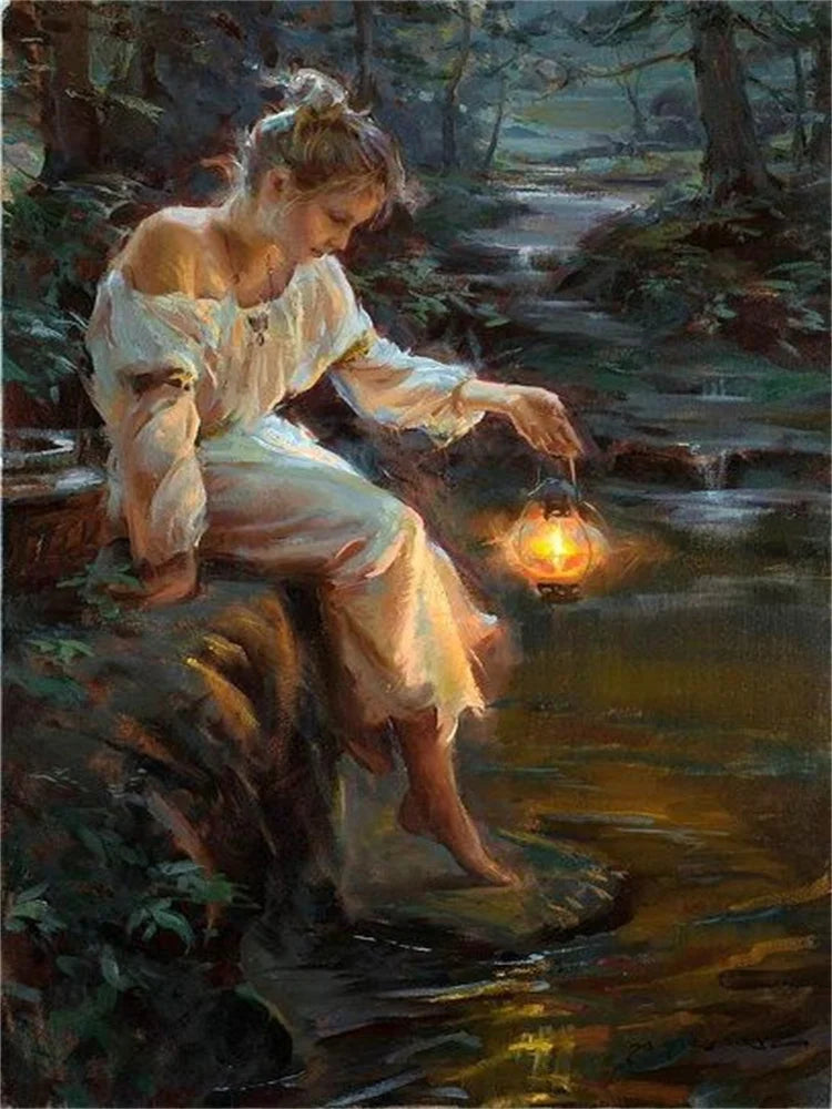 Old World Girl with Lantern by a Stream Paint by Numbers Kit
