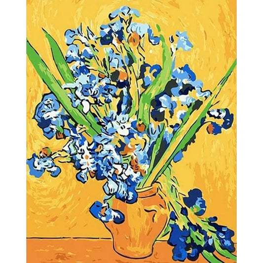 Vase with Irises Against a Yellow Background Paint by Numbers Kit