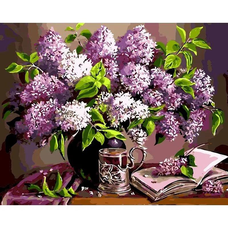 Lilac Paint by Numbers Still Life Purple Tea Book Table Flowers