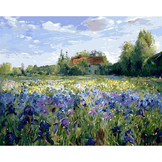 Country House with Fields of Irises Paint by Numbers Kit