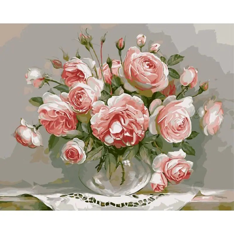 Light Pink Peonies Cut Flowers in Vase Still Life Paint by Numbers Kit